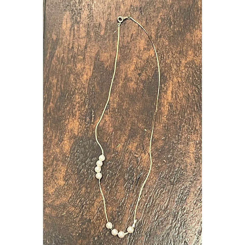 Gold Tone Faux Pearl Cluster Station Necklace Dainty Textured Chain Minimalist